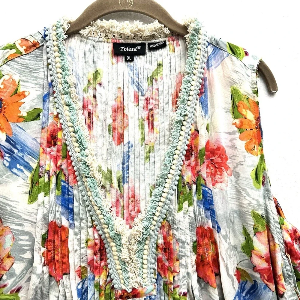 Tolani Floral Dress XL Pintuck Tiered Pockets Crochet Sleeveless Lightweight